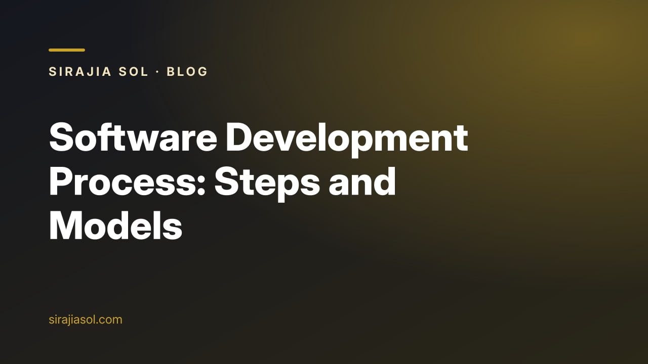 Cover image with the title Software Development Process: Steps and Models on a dark Sirajia Sol background