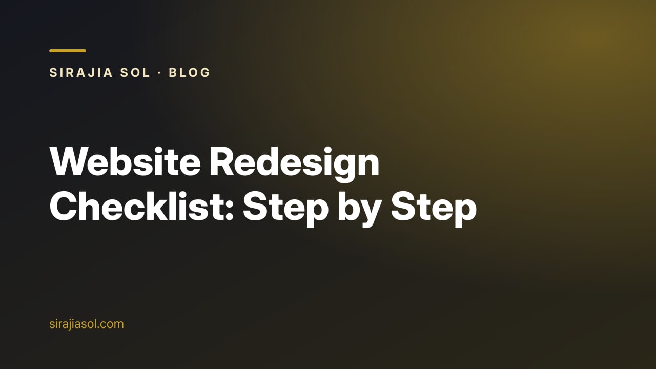 Cover image with the title Website Redesign Checklist: Step by Step on a dark Sirajia Sol background